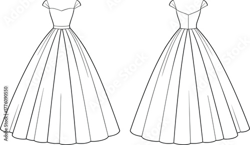 Classic ball gown fashion sketch, off shoulder evening dress illustration, technical garment flat, couture design drawing, elegant formalwear silhouette, front and back view