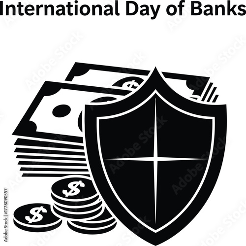 International day of banks illustration with money stack and shield