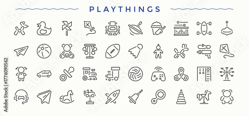 Playthings icon set. Game icon set. Collection for mobile and web apps. Featuring childhood, toy, play, children game and more. Pixel perfect. Vector illustration.