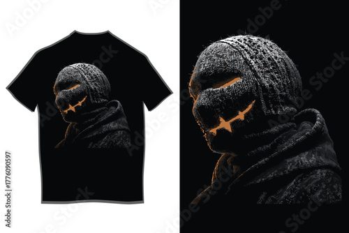 Disturbing balaclava mask design with sharp white graphic detail and orange distressed mouth on a black shirt, capturing a grim, urban aesthetic illustration.