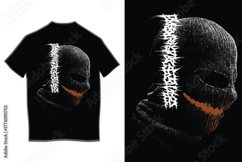 Disturbing balaclava mask design with sharp white graphic detail and orange distressed mouth on a black shirt, capturing a grim, urban aesthetic illustration.