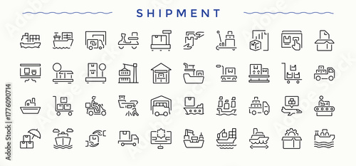 Shipment icon set. Contains such icons as courier, logistic, car, ship, delivery, parcel and more. Shipment icon set. Vector outline icons collection. Editable stroke. Vector collection.