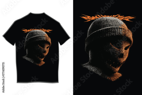 Disturbing balaclava mask design with sharp white graphic detail and orange distressed mouth on a black shirt, capturing a grim, urban aesthetic illustration.