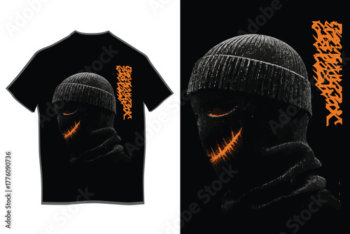 Disturbing balaclava mask design with sharp white graphic detail and orange distressed mouth on a black shirt, capturing a grim, urban aesthetic illustration.