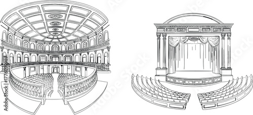 Classical amphitheater interior illustration, ornate architectural drawing, proscenium stage design, vintage theater sketch, historical performance venue artwork, detailed engraving