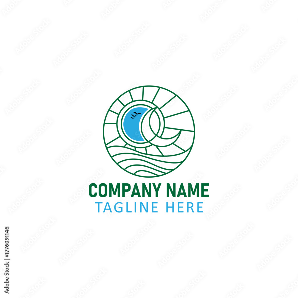 Fototapeta premium Minimalist Tropical Beach Sunset Logo with Palm Tree and Waves