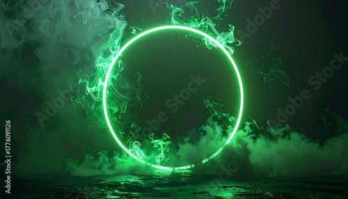 Green neon ring amidst swirling smoky clouds rests upon a reflective dark surface, evoking an ethereal and mysterious ambiance