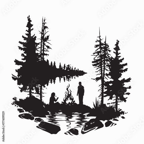 Mountain Camp Silhouette with Campfire Vector Illustration