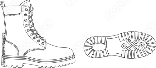 Combat boot technical drawing, footwear line art illustration, lace‑up military boot sketch, tread sole pattern design, fashion manufacturing detail 