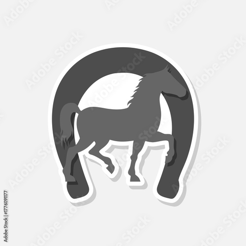 Horse and horseshoe icon sticker isolated on gray background