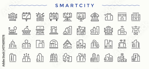 Smartcity related icon set. Thin web icons. Pictograms of town, urban, building, connect. Signs for web and mobile app. Building icon set.