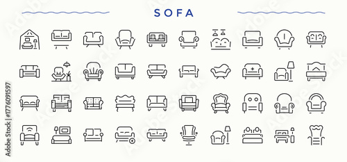 Sofa icon set. Pack of room, chair, furniture, armchair and more. Interior icon set. Minimal icons set. Vector illustration. Pixel perfect.