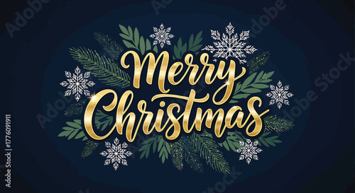 Glistening golden merry christmas script surrounded by snowflakes and pine branches festive design vector