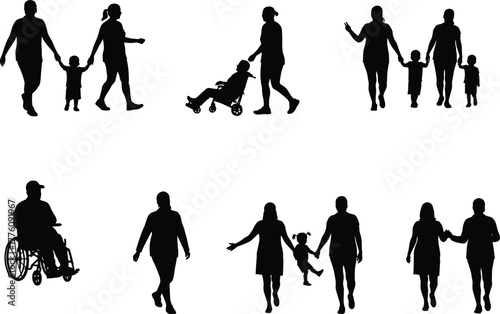 Family and community silhouette illustration, caregiving and companionship, wheelchair support, parent child activities, walking together, social connection, black design art