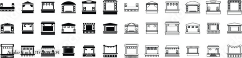 Outdoor Music Festival Stage Icon Set, Concert, Performance, Theater, and Event Platform Symbol Collection and Group, Entertainment, Show, and Auditorium Vector in Black Color Flat and Line Style