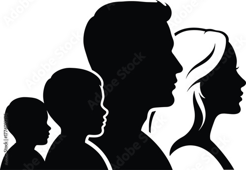 Family silhouette illustration, children with parents, black profile figures, generational concept, mother father son daughter, unity design, white background art