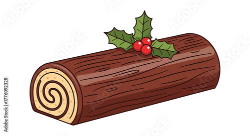 Delicious chocolate yule log cake decorated with holly for christmas festive season vector