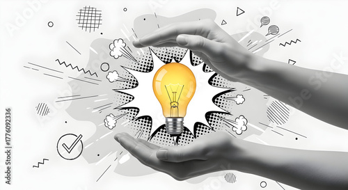 Inspiring glowing light bulb idea concept protected by hands, symbolizing innovation and creativity, presented with dynamic comic book style graphics for modern business themes.