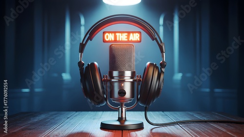 Retro radio microphone with headphones and glowing 
