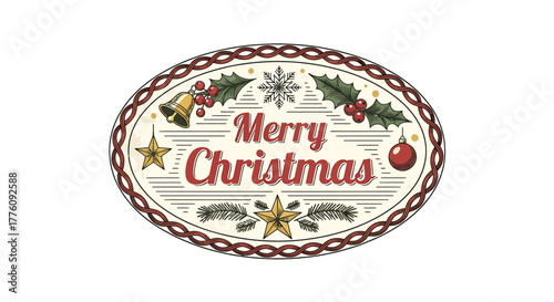 Decorative merry christmas oval plaque with holly berries baubles and bells festive holiday design vector