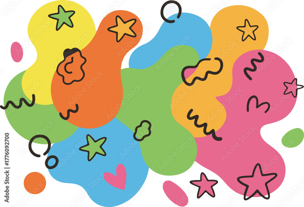 Obraz premium Abstract organic blob shapes with funky stars and hearts in cute playful doodle style