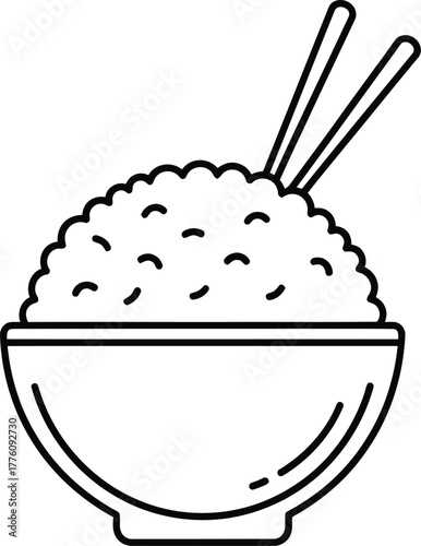 Simple outline drawing of a bowl of rice with chopsticks asian cuisine staple food isolated on transparent background