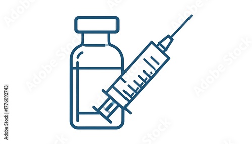 Line-art of a vial and syringe, in blue against a white background, showcasing medicine and injection