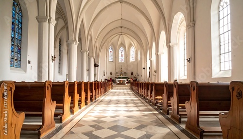 Long view inside a church nave with pews, marble floor, and arched ceilings reaching toward stained glass windows