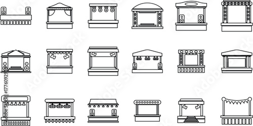 Outdoor Music Festival Stage Icon Set, Concert, Performance, Theater, and Event Platform Symbol Collection and Group, Entertainment, Show, and Auditorium Vector in Black Color Line Style