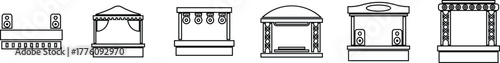 Outdoor Music Festival Stage Icon Set, Concert, Performance, Theater, and Event Platform Symbol Collection and Group, Entertainment, Show, and Auditorium Vector in Black Color Line Style