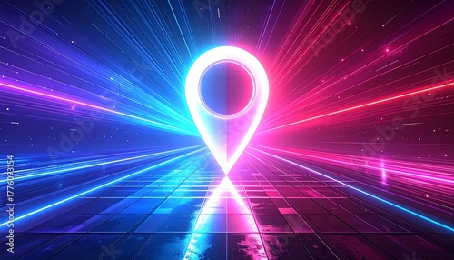 Luminous map pin icon glows over a checkered surface, with blue and pink laser lights shooting out