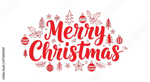 Festive merry christmas hand-drawn typography with holiday ornaments and trees design elements vector