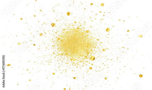 Golden glitter splash abstract gold dust explosion isolated on white background for festive design and luxury decoration