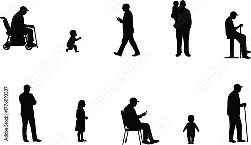 Human life silhouette illustration, stages from baby to elderly, people activities, wheelchair, phone use, family concept, aging progression art