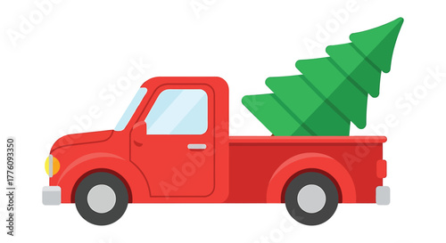 Classic red pickup truck transporting a festive green christmas tree holiday season vector