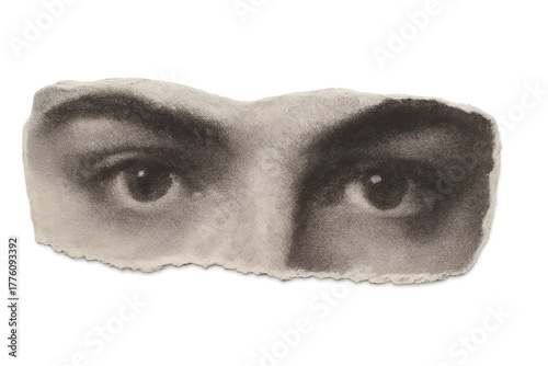Torn paper eyes looking directly, representing surveillance, anonymity, vintage collage art, observation, and spying on transparent background