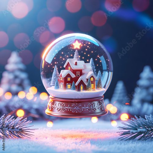 Festive snow globe with a charming red house and snowy fir trees, illuminated by warm lights, creating a magical holiday scene.