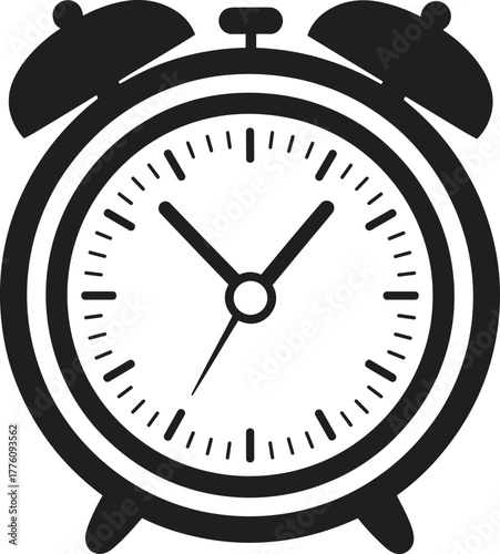 Vintage alarm clock silhouette vector illustration, classic retro analog timepiece symbol, morning wake up concept, punctuality and time management design