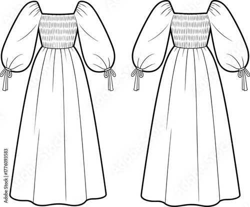 Long puff sleeve dress, smocked bodice, square neckline, bow tie cuffs, women’s fashion flat, garment construction, sewing pattern, apparel design illustration