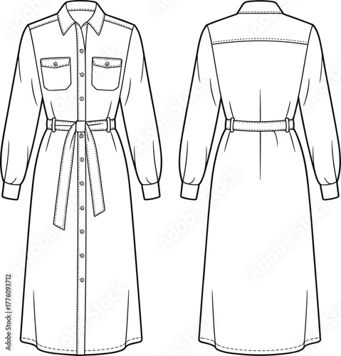 Long sleeve belted shirt dress flat, technical garment illustration, button down fashion design, sewing pattern template, apparel sketch, clothing construction drawing
