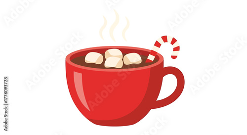 Cozy red mug of hot chocolate with marshmallows and candy cane holiday drink vector