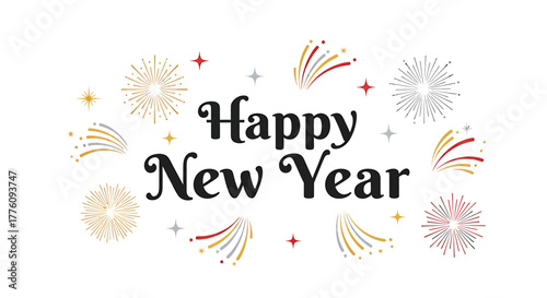 Festive happy new year greeting with decorative elements and confetti for celebrations vector