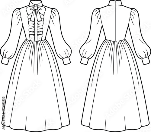 Long sleeve bishop dress, ruffle front detail, fashion flat sketch, technical garment illustration, gathered skirt design, bow neckline artwork, couture clothing