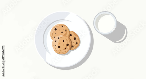 Delicious chocolate chip cookies and a glass of milk on a white plate vector