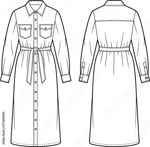 Long sleeve shirt dress fashion flat, technical garment illustration, button down dress design, waist tie belt, sewing pattern template, apparel sketch
