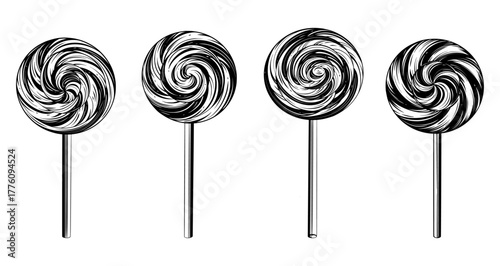 Set of Christmas swirl candy cane lollipops. Vector black ink isolated illustration in sketch line style