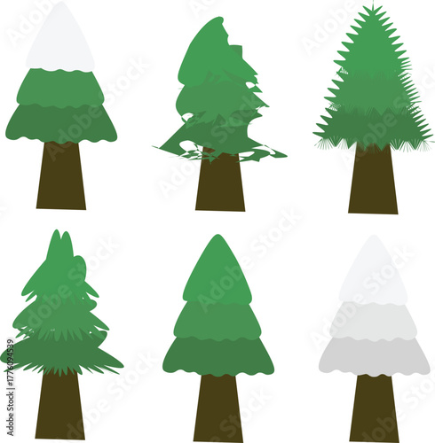 Set of six vector pine trees in flat design style. Each tree has a different shape and foliage pattern, including snowy tops and simple geometric designs. Perfect for winter and Christmas themed.