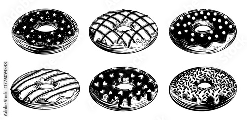 Set of sprinkles and icing donuts with stars, hearts, cream and chocolate. Vector black ink isolated illustration in sketch line style