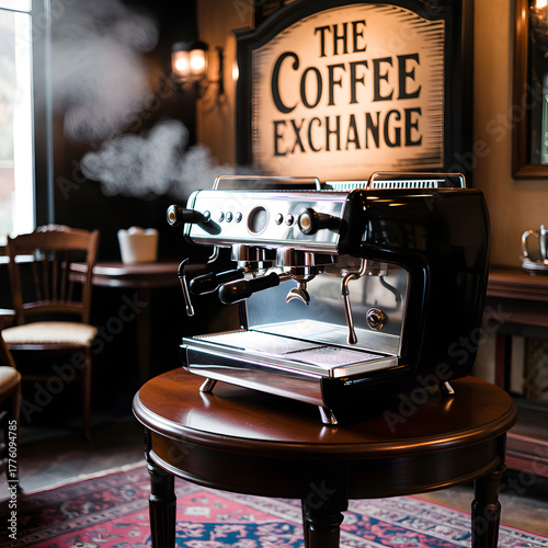 A professional espresso machine steams, ready to brew, on a wooden table in 'the coffee exchange' cafe, offering an inviting atmosphere for coffee lovers.