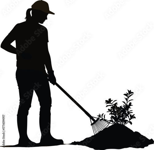 Silhouette gardener raking soil, planting care, outdoor agriculture, environment sustainability, garden maintenance, rural lifestyle, farming tools, eco gardening, nature work